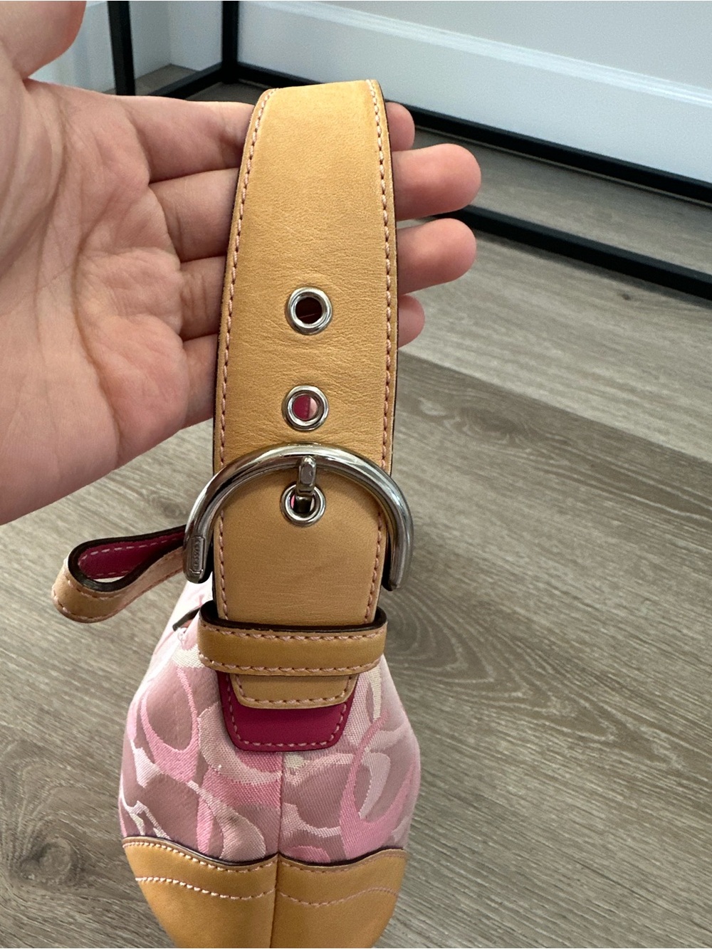 Rare Coach Pink Signature Jacquard Mini Shoulder Bag with Tan Trim - Picture 11 of 14